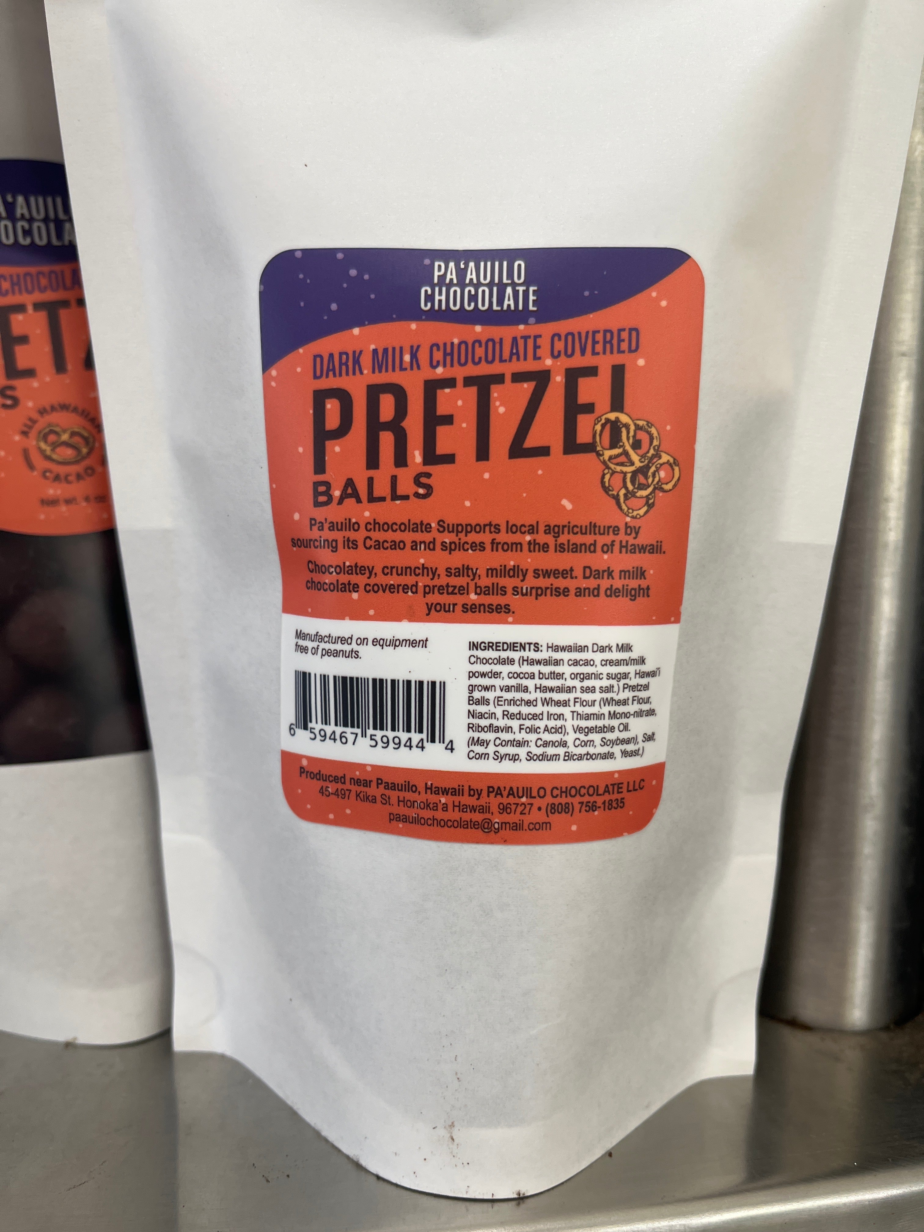 Hawaiian dark milk, chocolate covered pretzel balls.