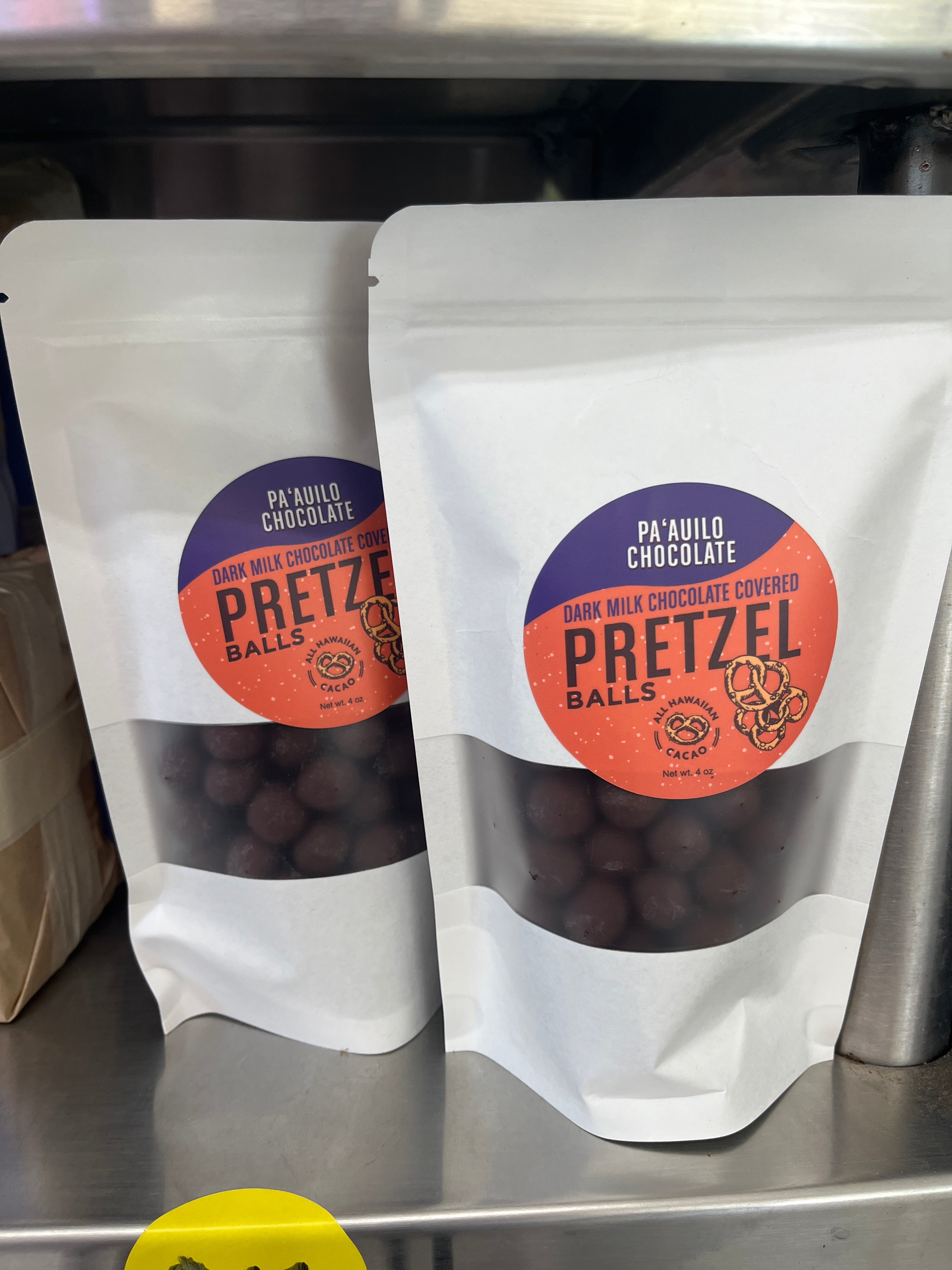 Hawaiian dark milk, chocolate covered pretzel balls.