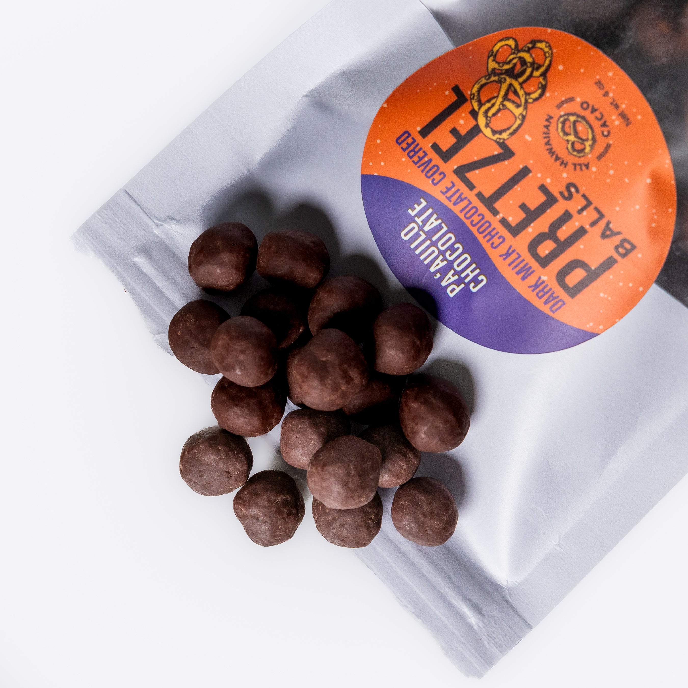 Hawaiian dark milk, chocolate covered pretzel balls.